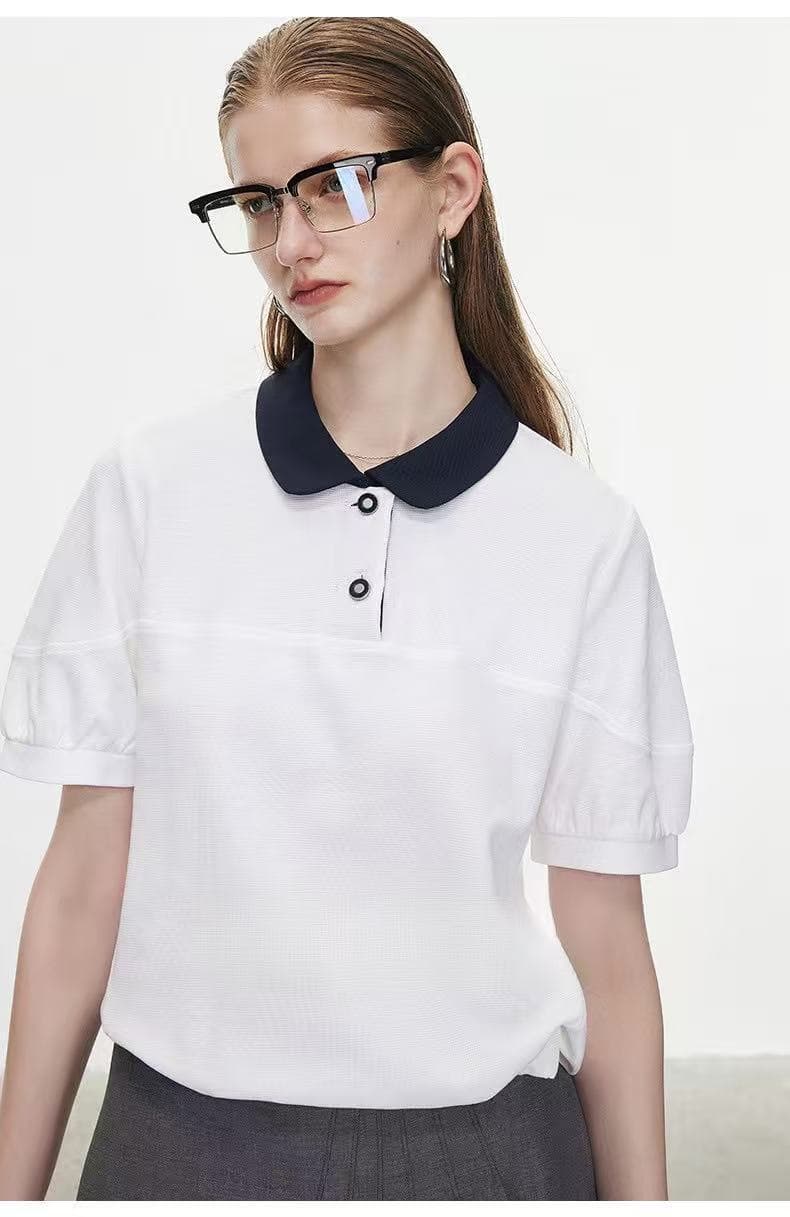 원본 품질 프랑스식 근육 이성의 감각 배색 패치워크 POLO 칼라 2026 여름 새로운 티셔츠 여성용 짧은 소매 맨위 상세 이미지 11