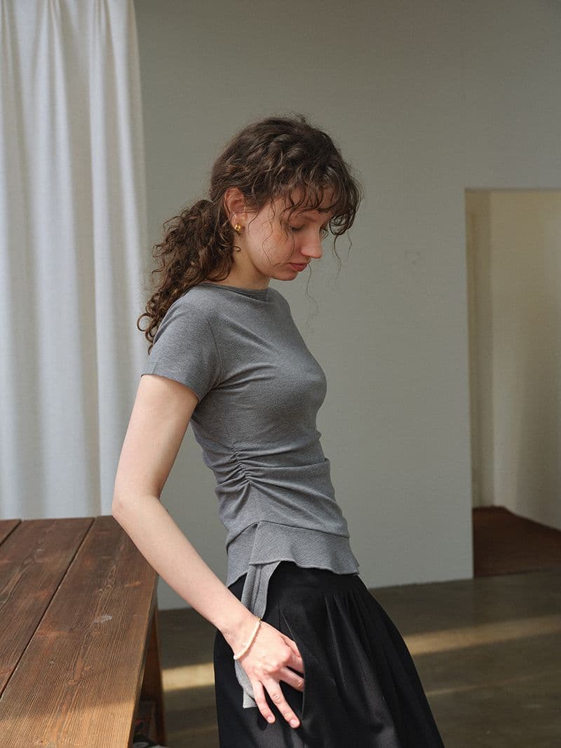 원본 품질 디자인 센스 달콤한 매운맛 바람 핀치 Pleat 허리 수축 슬림해 보이는 긍정적 인 어깨 반팔 티셔츠 여성 의류 2026 여름 새로운 상세 이미지 10