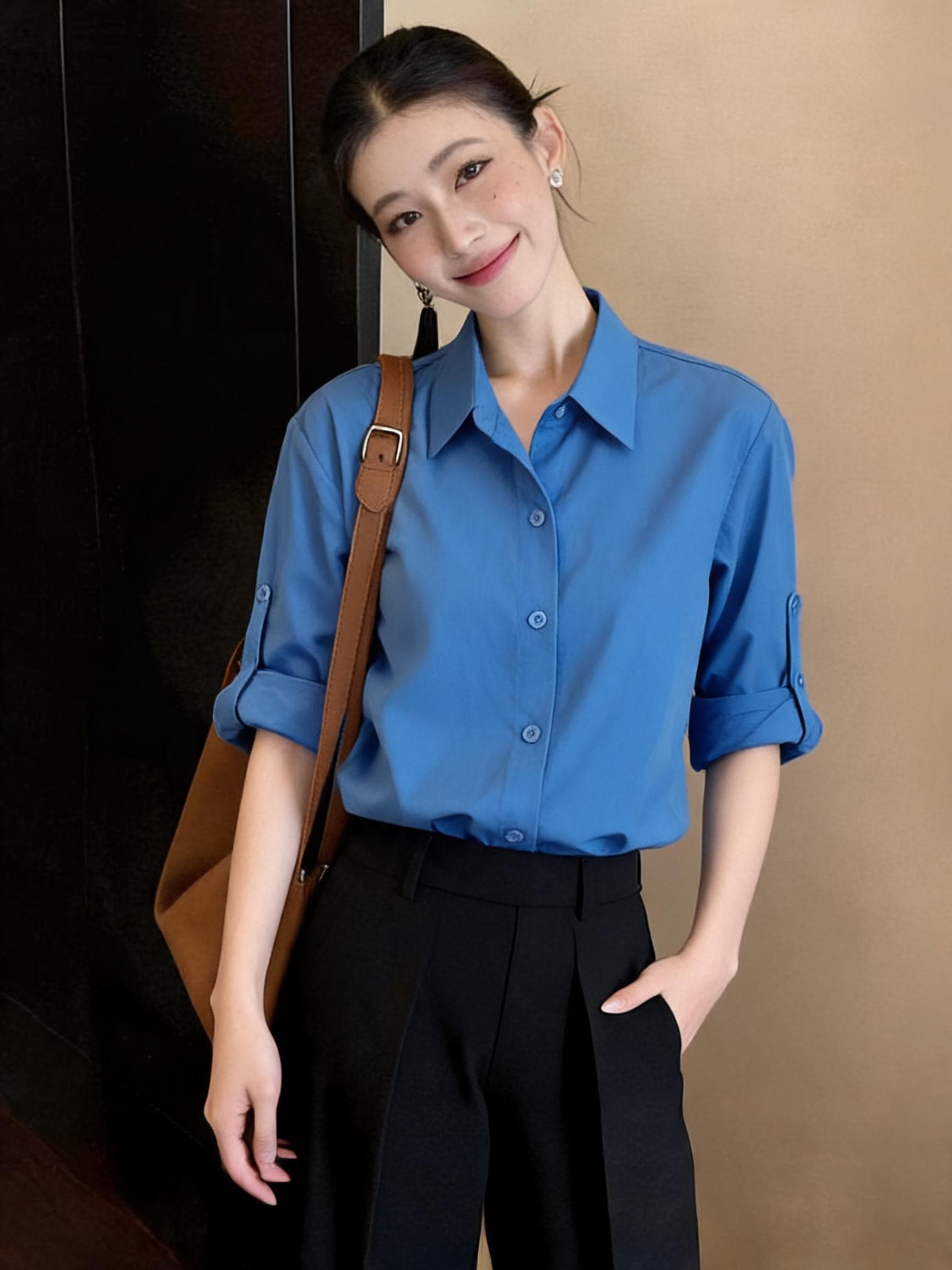 항구 바람 레트로 파란색 자외선 차단 여성 셔츠 여름 얇은 스타일 작은 키 폴로 칼라 셔츠 루즈핏 슬림해 보이는 긴팔 맨위