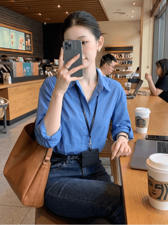 항구 바람 레트로 파란색 자외선 차단 여성 셔츠 여름 얇은 스타일 작은 키 폴로 칼라 셔츠 루즈핏 슬림해 보이는 긴팔 맨위 상세 이미지 6