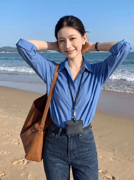 항구 바람 레트로 파란색 자외선 차단 여성 셔츠 여름 얇은 스타일 작은 키 폴로 칼라 셔츠 루즈핏 슬림해 보이는 긴팔 맨위 상세 이미지 8