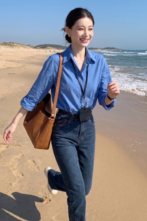 항구 바람 레트로 파란색 자외선 차단 여성 셔츠 여름 얇은 스타일 작은 키 폴로 칼라 셔츠 루즈핏 슬림해 보이는 긴팔 맨위 이미지 5