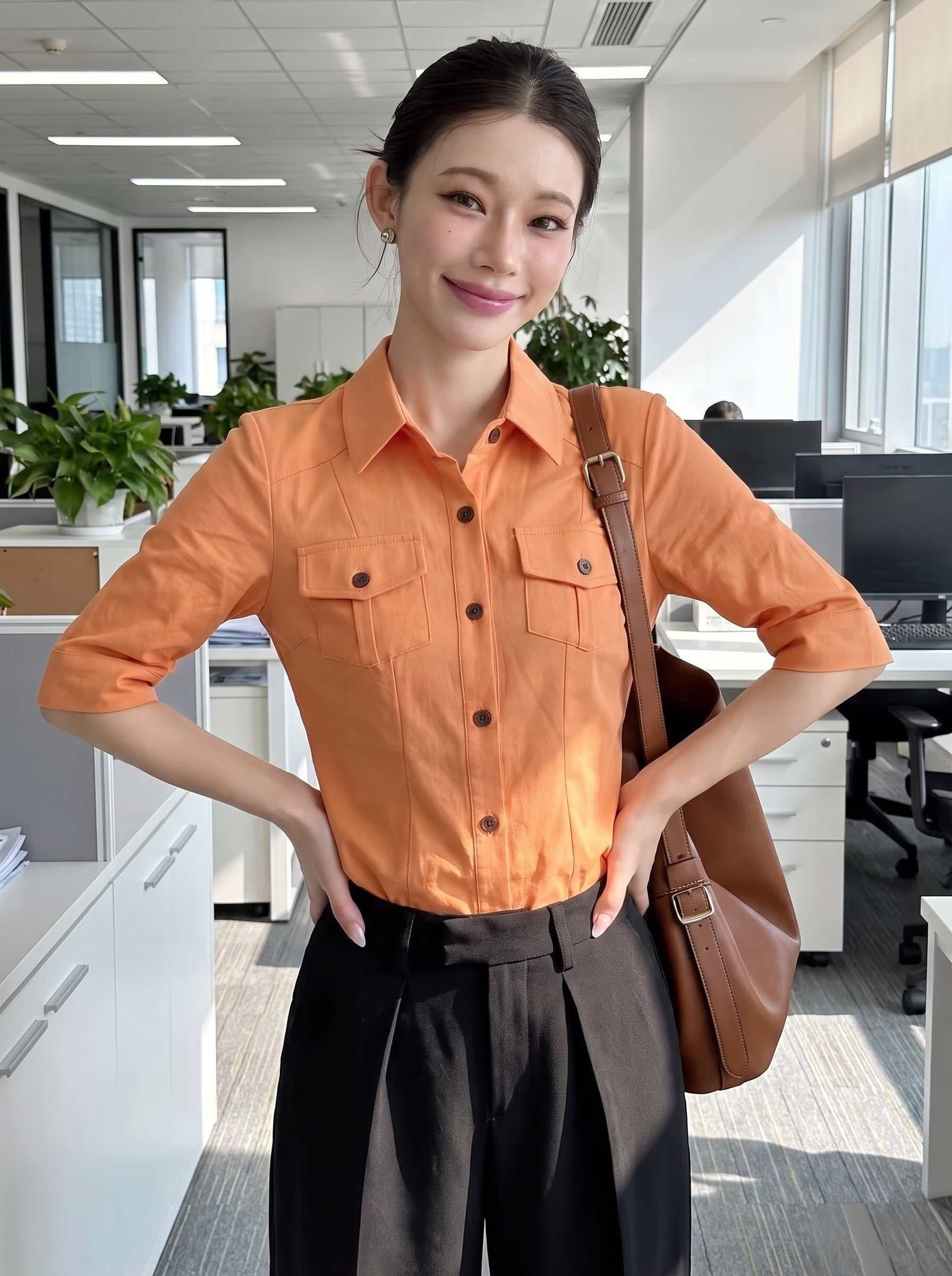 2026 가을 아메리칸 핫걸 스웨이드 슬림해 보이는 주황색 여성 셔츠 여름 몸매 가꾸기 허리 수축 반소매 워크웨어 맨위 이미지 4