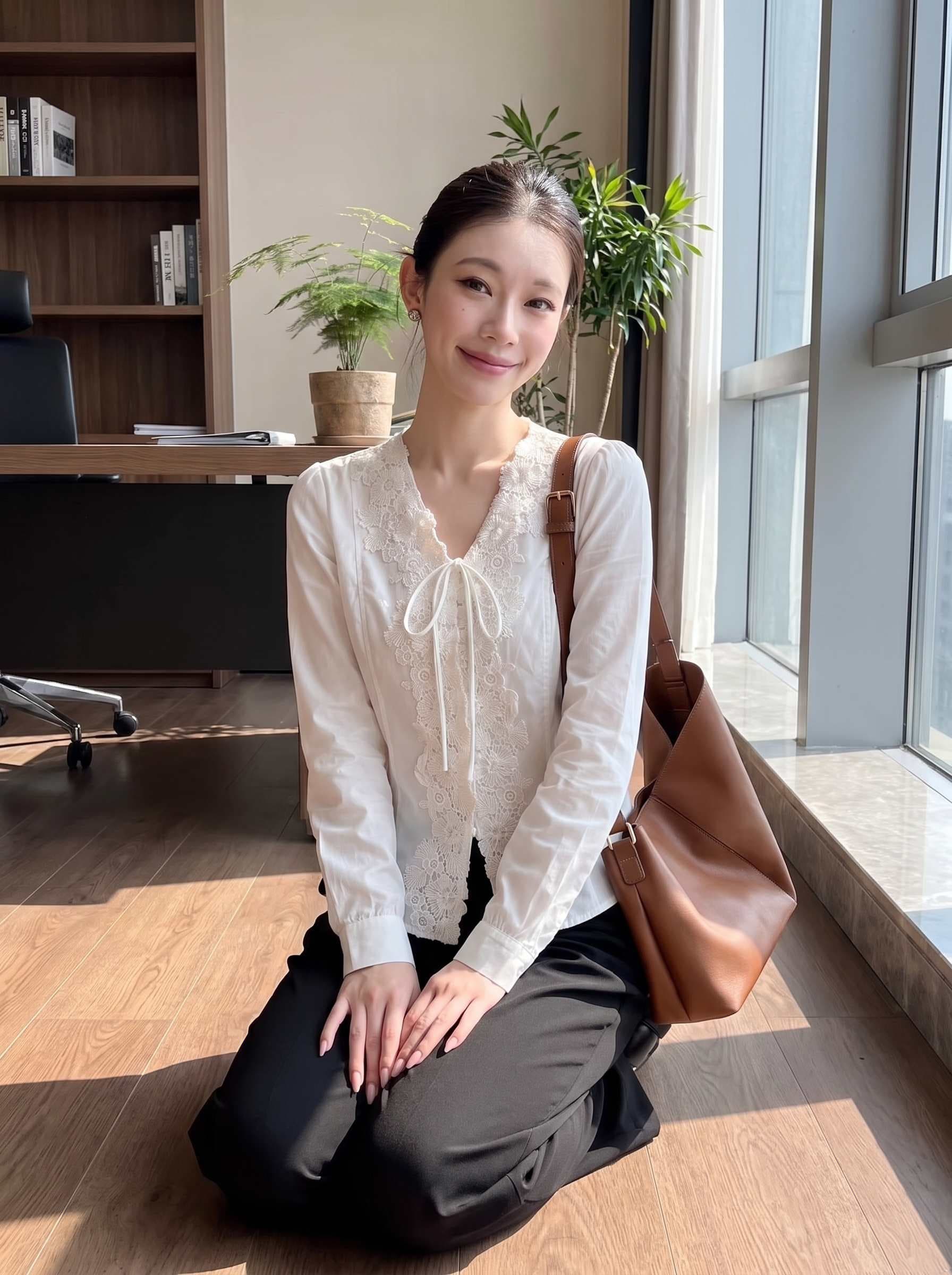 프랑스식 고급 센스 V넥 레이스업 레이스 화이트 여성 셔츠 봄 여름 2026 새로운 자외선 차단 외부 가져 가라. 긴팔 맨위 이미지 4