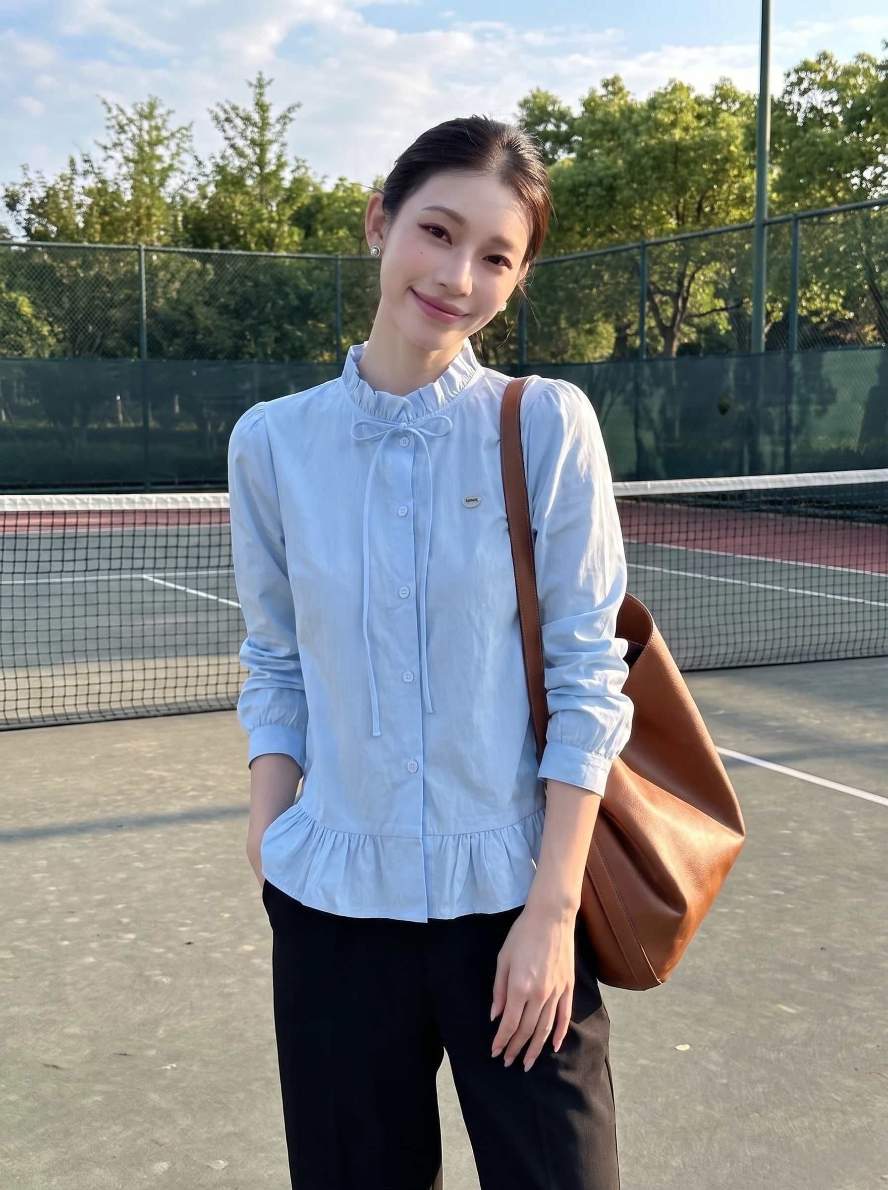 광저우 열세 개 여성 의류 프릴 스탠드 칼라 긴팔 파란색 셔츠 봄 나비 매듭 달콤함 연령 감소 맨위 상세 이미지 5