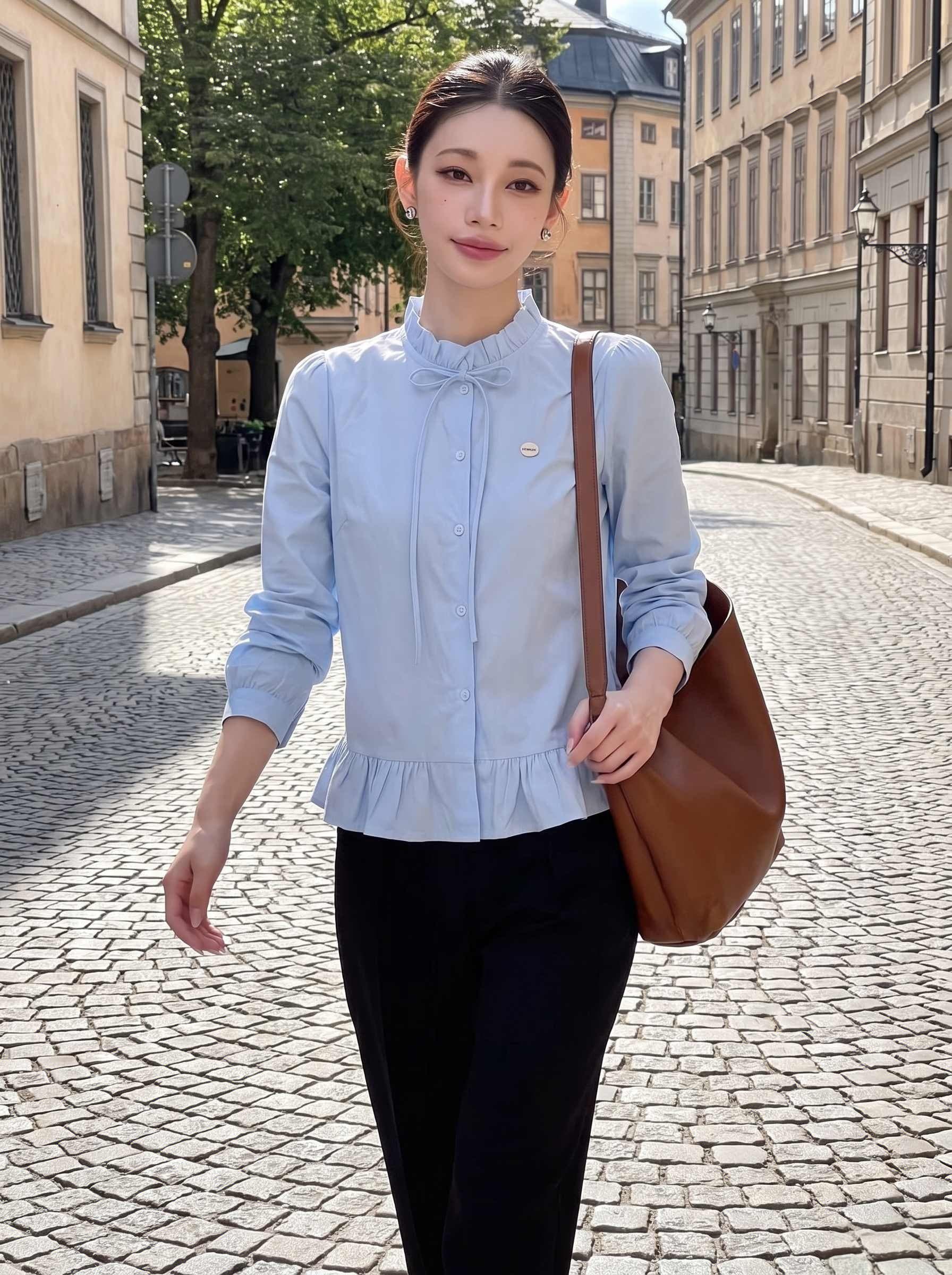 광저우 열세 개 여성 의류 프릴 스탠드 칼라 긴팔 파란색 셔츠 봄 나비 매듭 달콤함 연령 감소 맨위 상세 이미지 6