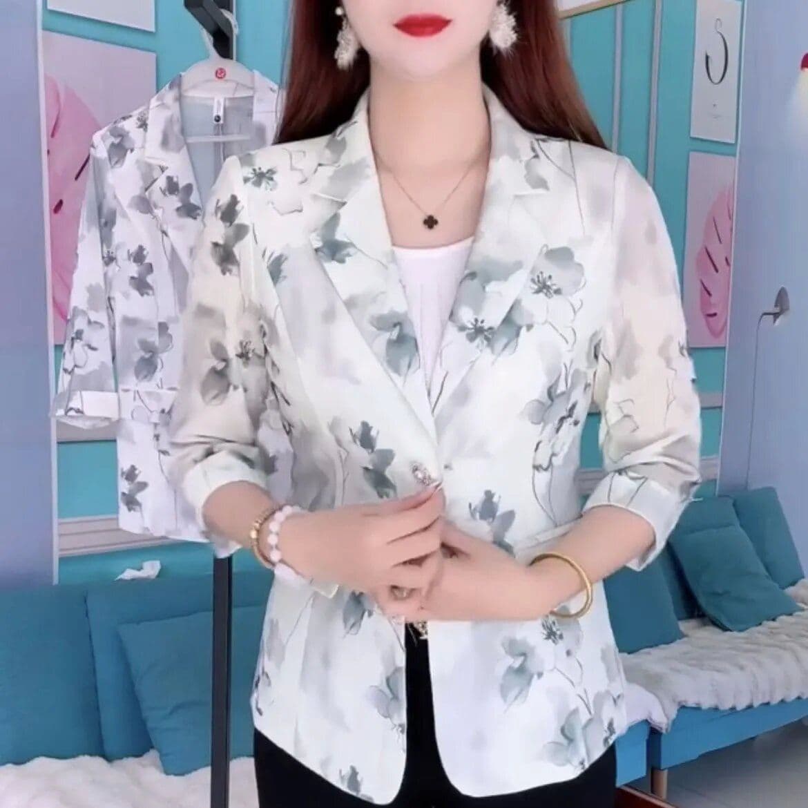 패션 고급 작은 청신 자외선 차단 망사 블레이저 2026 새로운 7부 소매 프린트 품격 정장 맨위 이미지 2