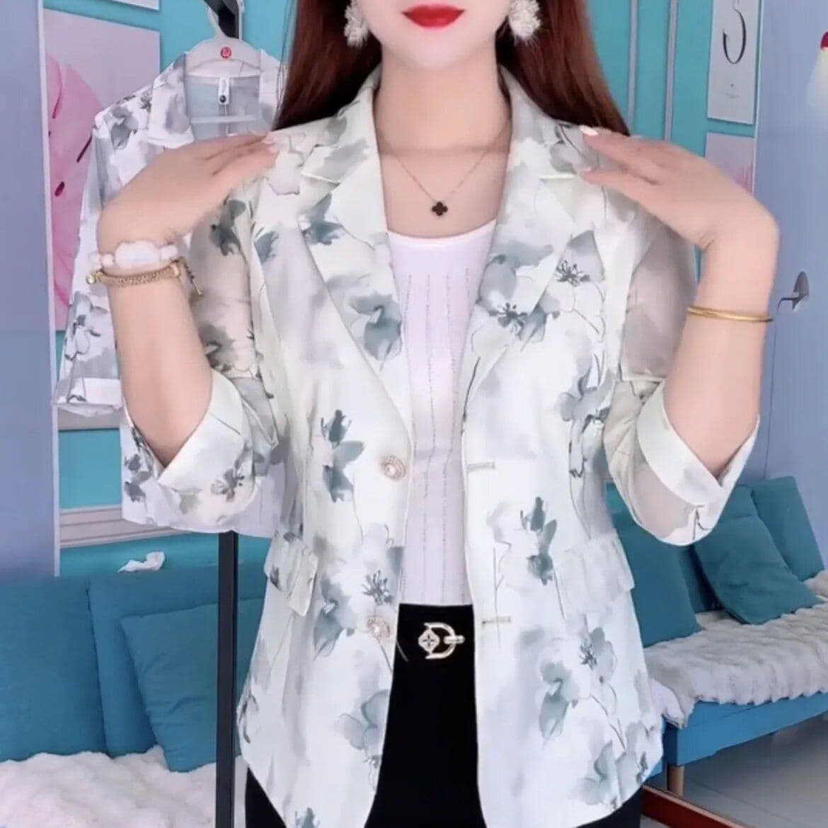패션 고급 작은 청신 자외선 차단 망사 블레이저 2026 새로운 7부 소매 프린트 품격 정장 맨위 이미지 4