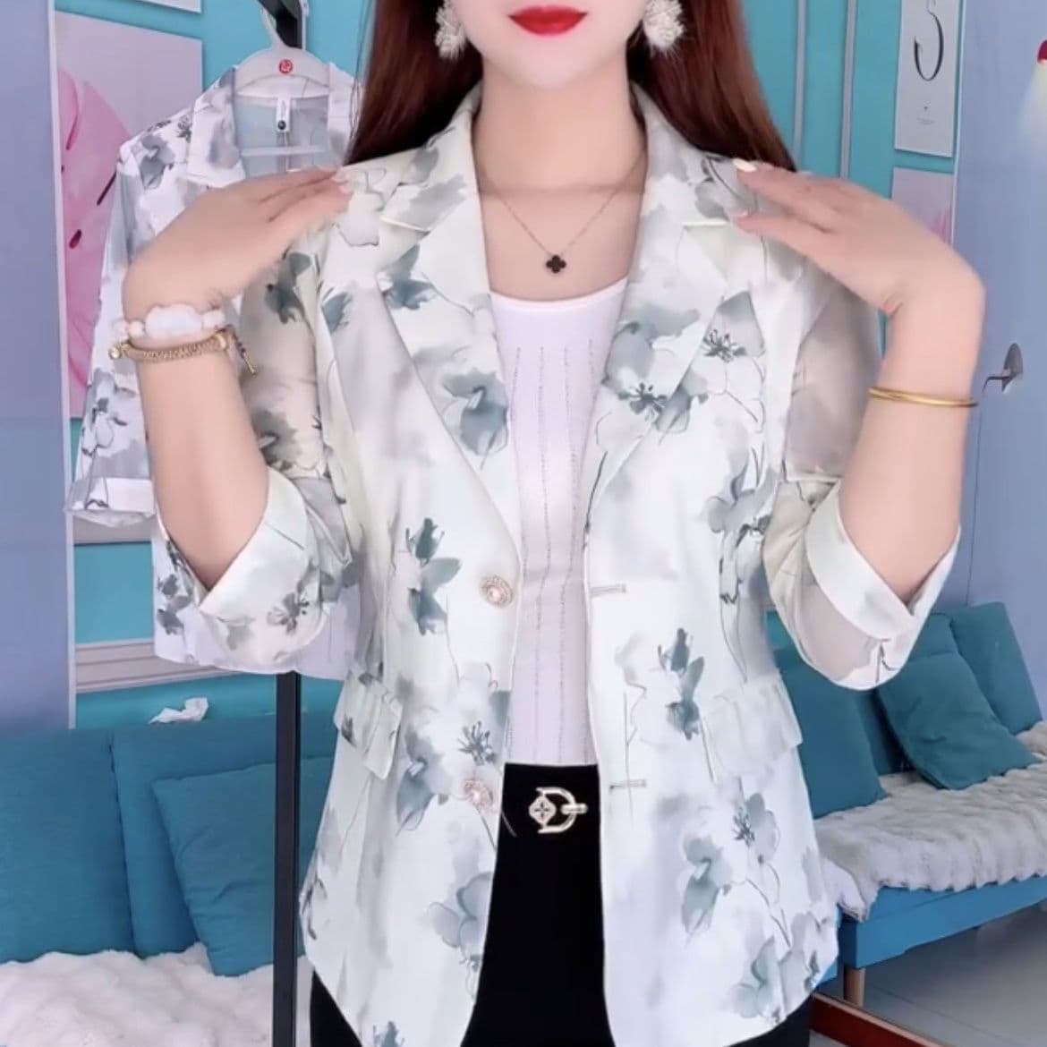 패션 고급 작은 청신 자외선 차단 망사 블레이저 2026 새로운 7부 소매 프린트 품격 정장 맨위 상세 이미지 5