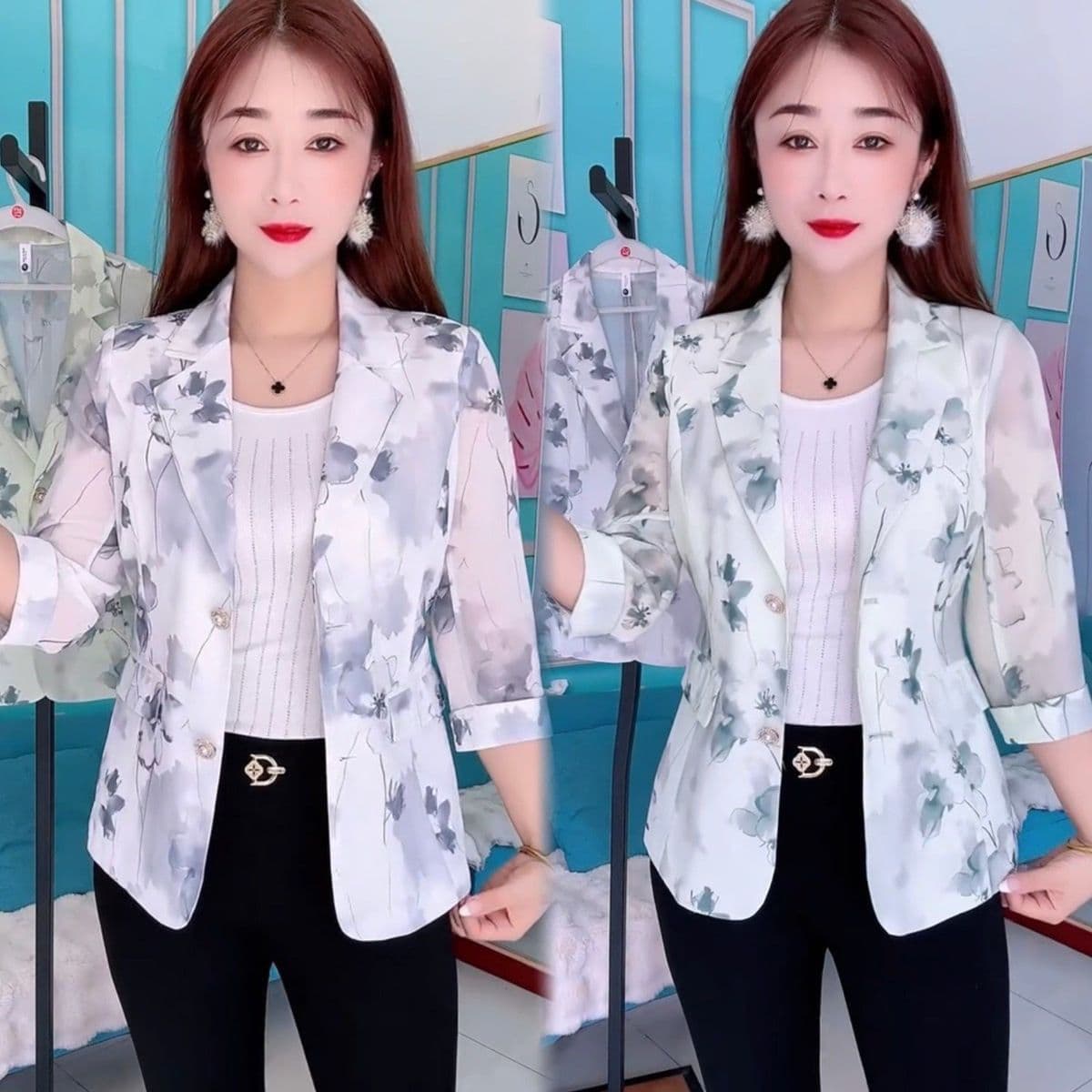 패션 고급 작은 청신 자외선 차단 망사 블레이저 2026 새로운 7부 소매 프린트 품격 정장 맨위 상세 이미지 11