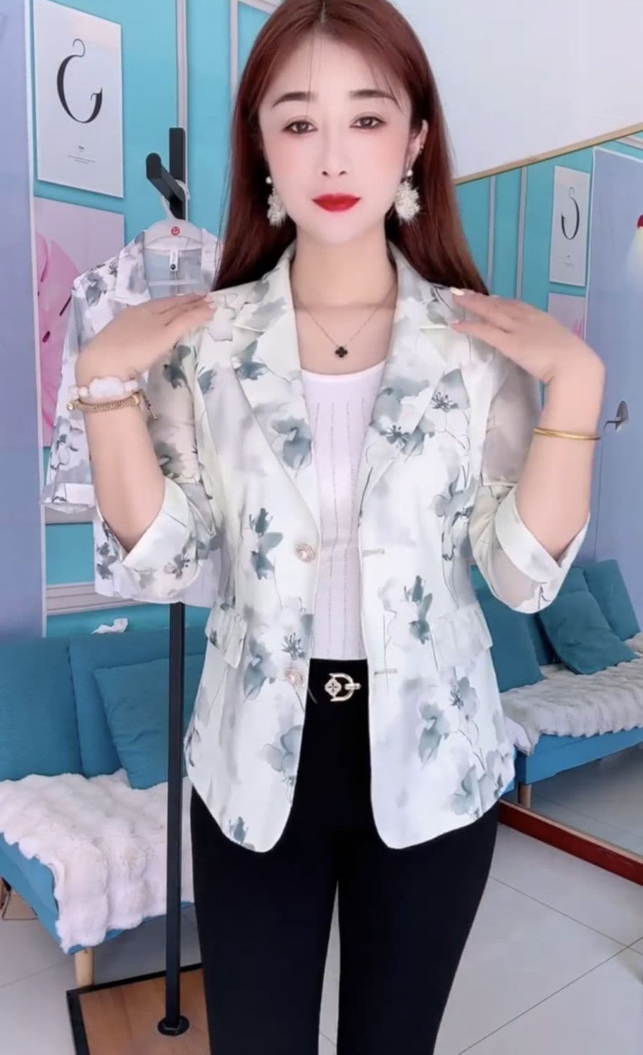 패션 고급 작은 청신 자외선 차단 망사 블레이저 2026 새로운 7부 소매 프린트 품격 정장 맨위 상세 이미지 15