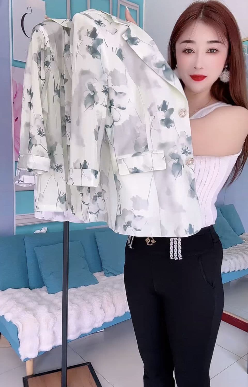패션 고급 작은 청신 자외선 차단 망사 블레이저 2026 새로운 7부 소매 프린트 품격 정장 맨위 상세 이미지 19