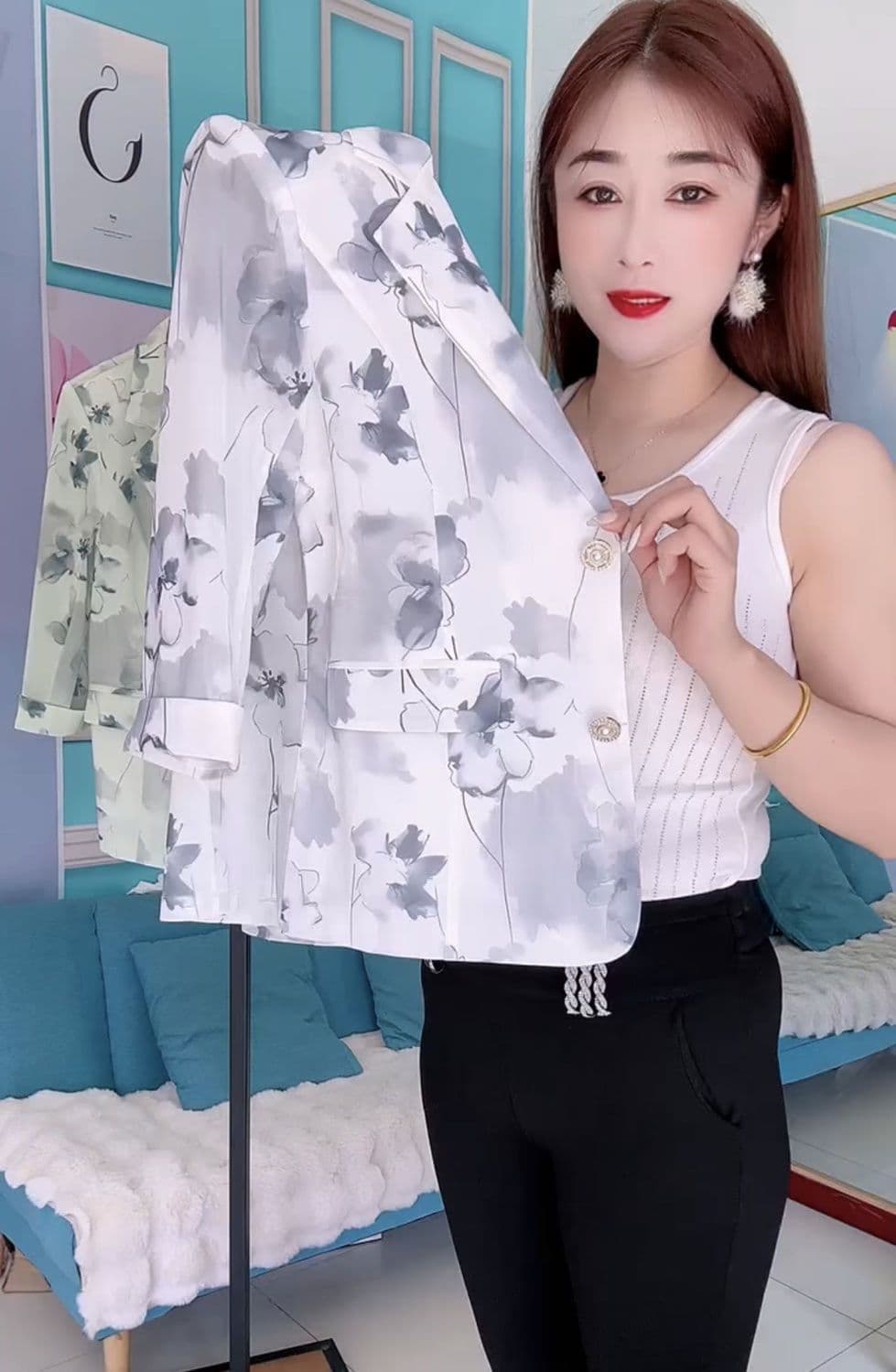 패션 고급 작은 청신 자외선 차단 망사 블레이저 2026 새로운 7부 소매 프린트 품격 정장 맨위 상세 이미지 24