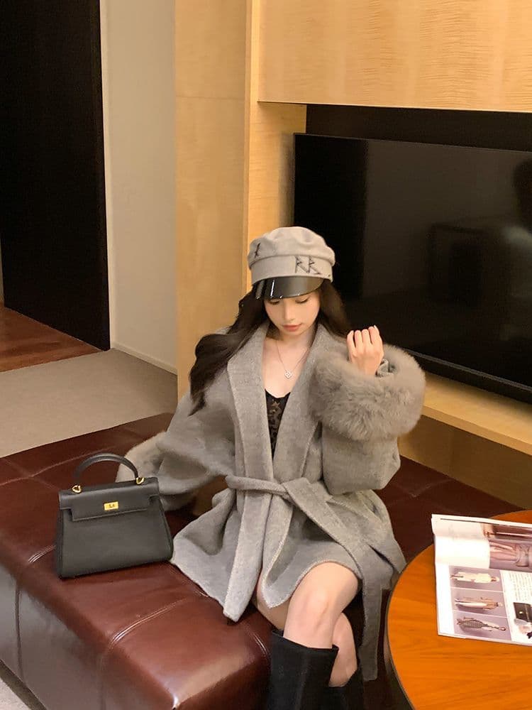 회색 V넥 스트랩 모직 여성 코트 가을 겨울철 긴팔 루즈핏 고급 센스 코트 패치워크 중간 길이 맨위 상세 이미지 11