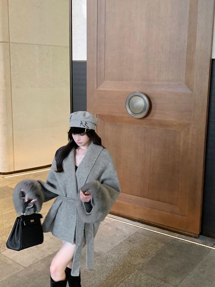 회색 V넥 스트랩 모직 여성 코트 가을 겨울철 긴팔 루즈핏 고급 센스 코트 패치워크 중간 길이 맨위 상세 이미지 15