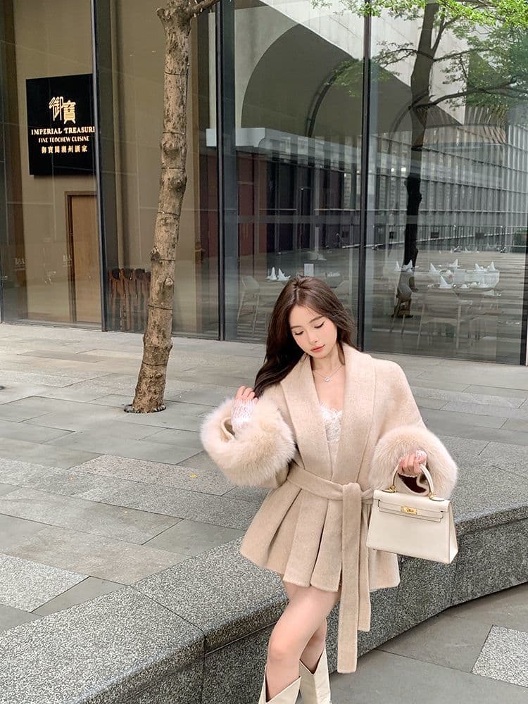 회색 V넥 스트랩 모직 여성 코트 가을 겨울철 긴팔 루즈핏 고급 센스 코트 패치워크 중간 길이 맨위 상세 이미지 21