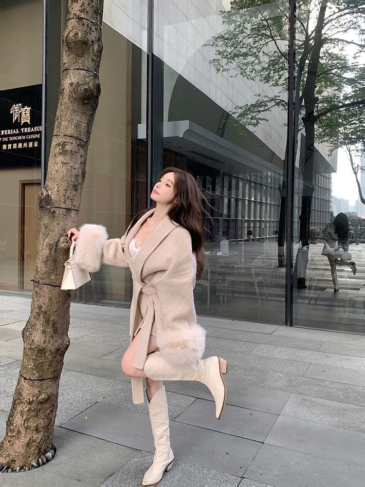 회색 V넥 스트랩 모직 여성 코트 가을 겨울철 긴팔 루즈핏 고급 센스 코트 패치워크 중간 길이 맨위 상세 이미지 22