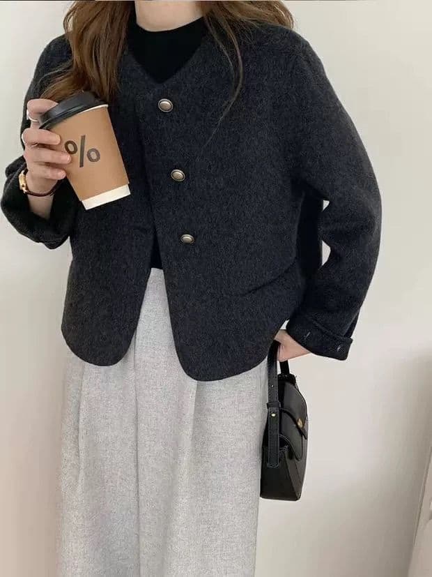 가을 겨울 새로운 작은 샤넬 스타일 말 카드 용 색상 시스템 양모 코트 여성 짧은 품격 한국 스타일 라운드 넥 양모 재킷 상세 이미지 3