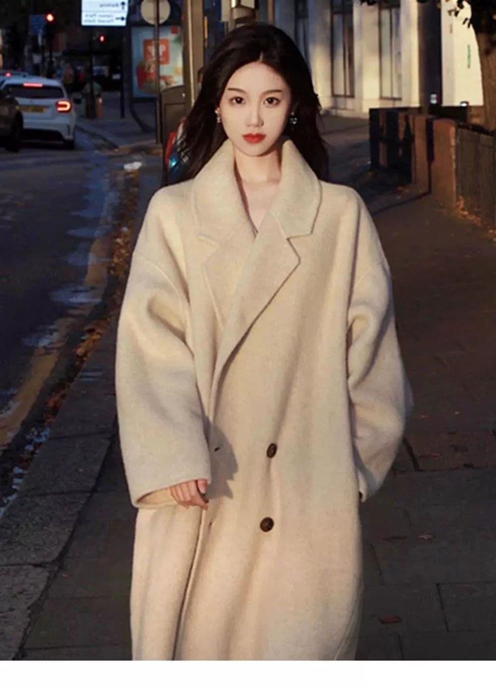 보라색 모직 코트 여성 2026 가을 겨울 한국 스타일 중간 길이 루즈핏 무릎 아래 폭발 모직 외투 상세 이미지 10