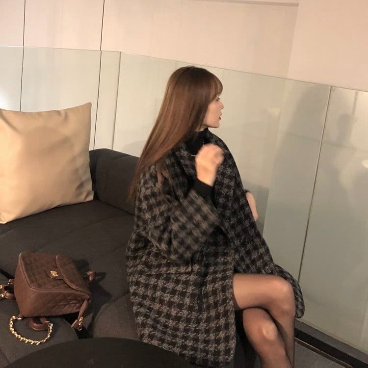 2026 가을 루즈핏 보온 하운드투스 체크 중간 길이 모직 코트 모직 정장 여성 코트 상세 이미지 1