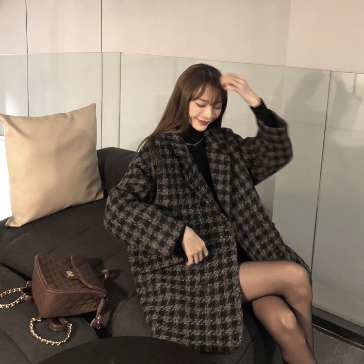 2026 가을 루즈핏 보온 하운드투스 체크 중간 길이 모직 코트 모직 정장 여성 코트 상세 이미지 4