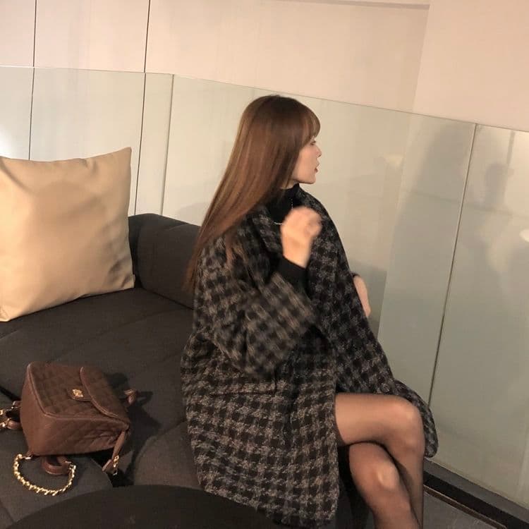 2026 가을 루즈핏 보온 하운드투스 체크 중간 길이 모직 코트 모직 정장 여성 코트 상세 이미지 35