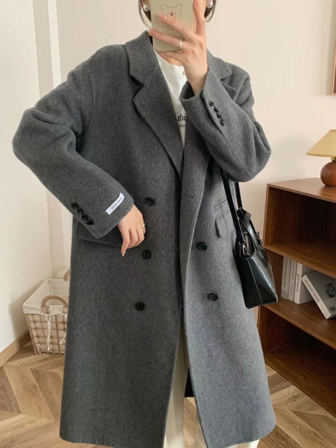 겨울 한 부서 정장 칼라 이중 버튼 롱 코트 무릎 아래 모직 외투 가을 겨울 고급 센스 재킷 상세 이미지 6