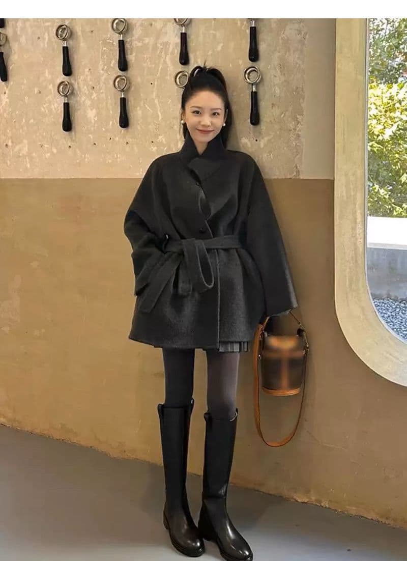 스탠드 칼라 모직 코트 여성 짧은 작은 키 2026 가을 겨울 새로운 고급 센스 레이스업 울 코트 상세 이미지 12