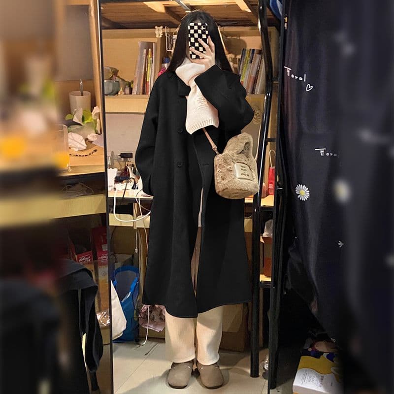 가을 겨울 중간 길이 무릎 아래 작은 샤넬 스타일 모직 외투 여성 레저 패션 핑크색 작은 키 폭발 모직 코트 이미지 3
