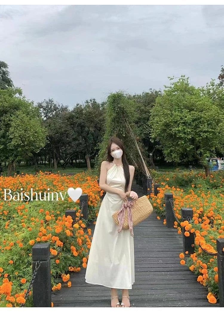 해변가 휴가 바람 새로운 여성 드레스 행침 목 이슬 허리 부드러운 바람 품격 길다 치마 도파민 치마 가정 서비스 상세 이미지 9