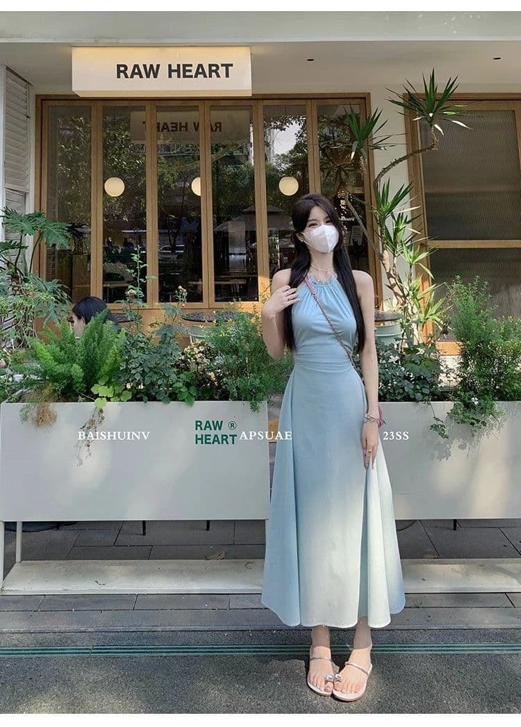 해변가 휴가 바람 새로운 여성 드레스 행침 목 이슬 허리 부드러운 바람 품격 길다 치마 도파민 치마 가정 서비스 상세 이미지 20