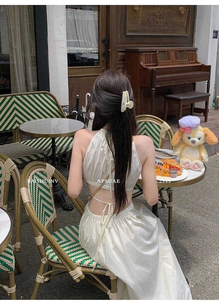 해변가 휴가 바람 새로운 여성 드레스 행침 목 이슬 허리 부드러운 바람 품격 길다 치마 도파민 치마 가정 서비스 상세 이미지 35