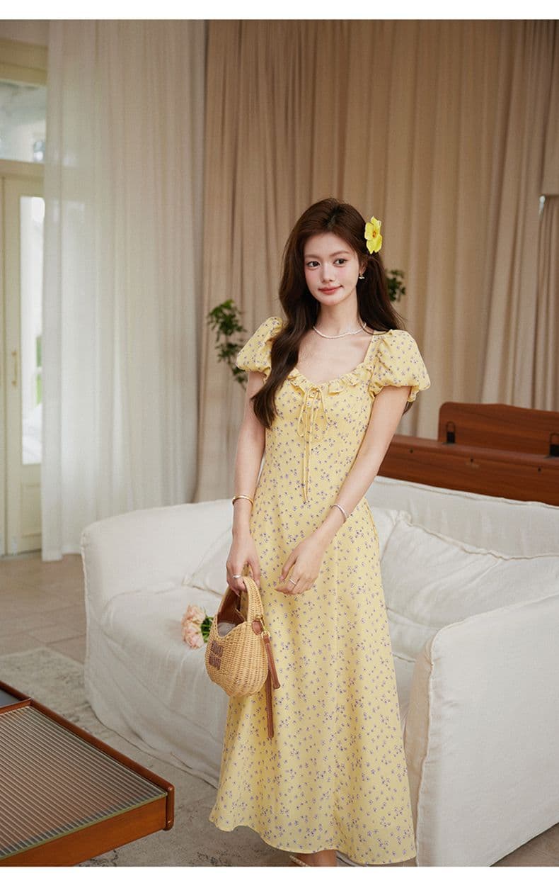 2026 노란 꽃 프랑스식 낭만주의 작은 대중 치마 우아함 품격 V넥 허리 수축 슬림해 보이는 꽃무늬 드레스 상세 이미지 1