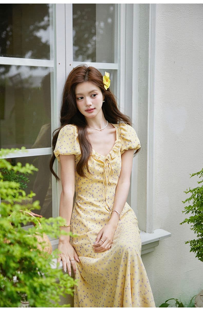 2026 노란 꽃 프랑스식 낭만주의 작은 대중 치마 우아함 품격 V넥 허리 수축 슬림해 보이는 꽃무늬 드레스 상세 이미지 17