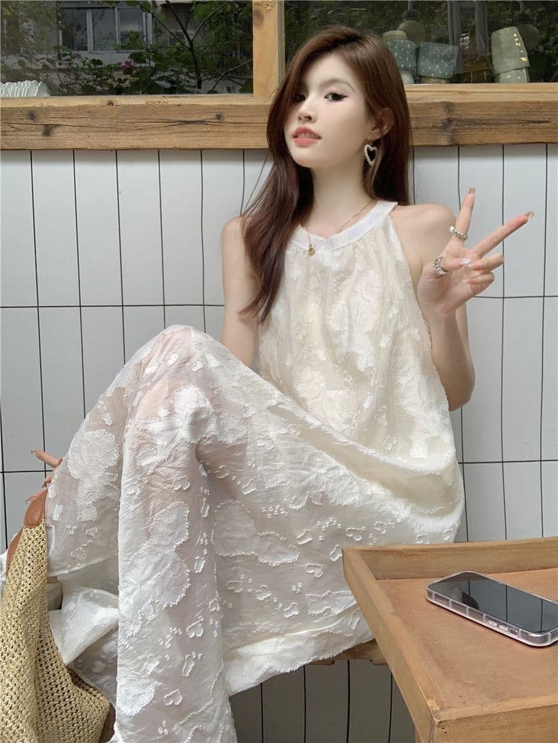 쉬폰 달콤함 드레스 요정 여름 휴가 해변가 치마 고급 가스 질감 이슬 오프숄더 민소매 길다 치마 이미지 4