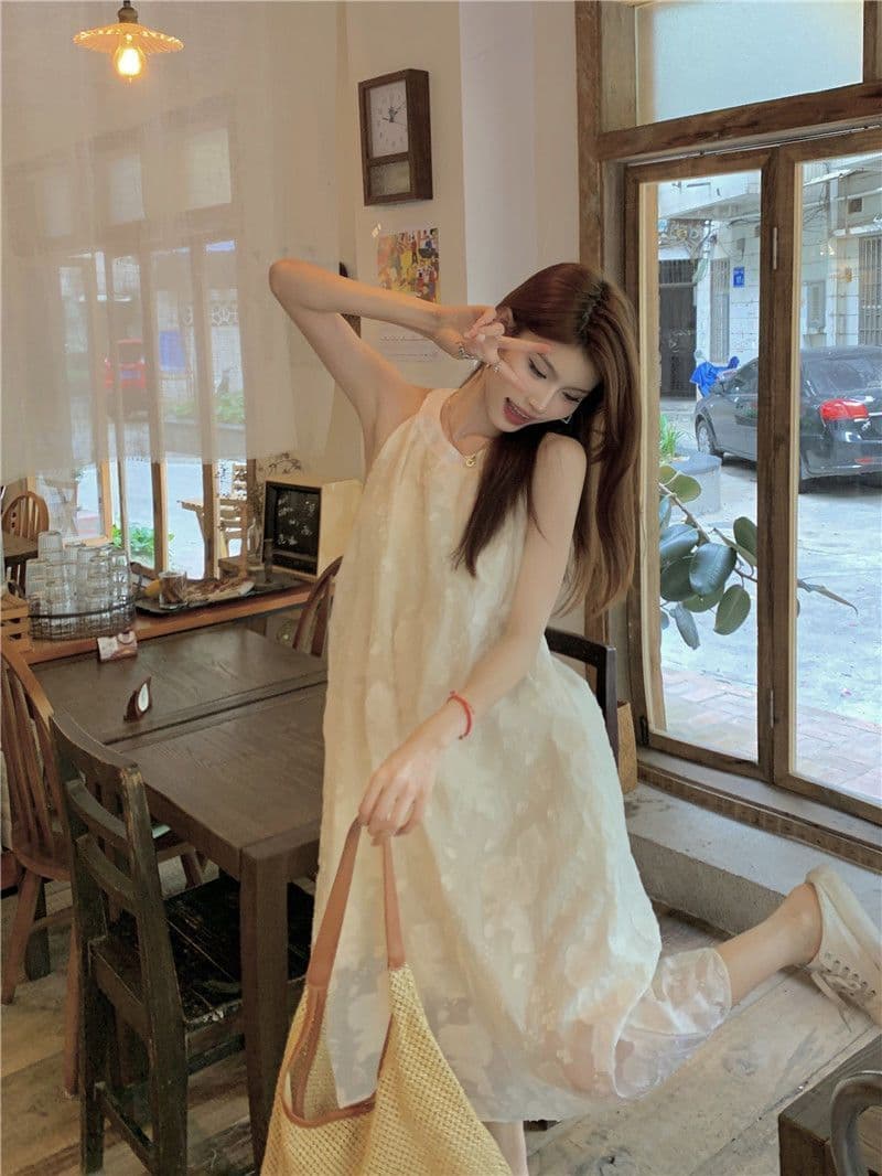 쉬폰 달콤함 드레스 요정 여름 휴가 해변가 치마 고급 가스 질감 이슬 오프숄더 민소매 길다 치마 상세 이미지 2
