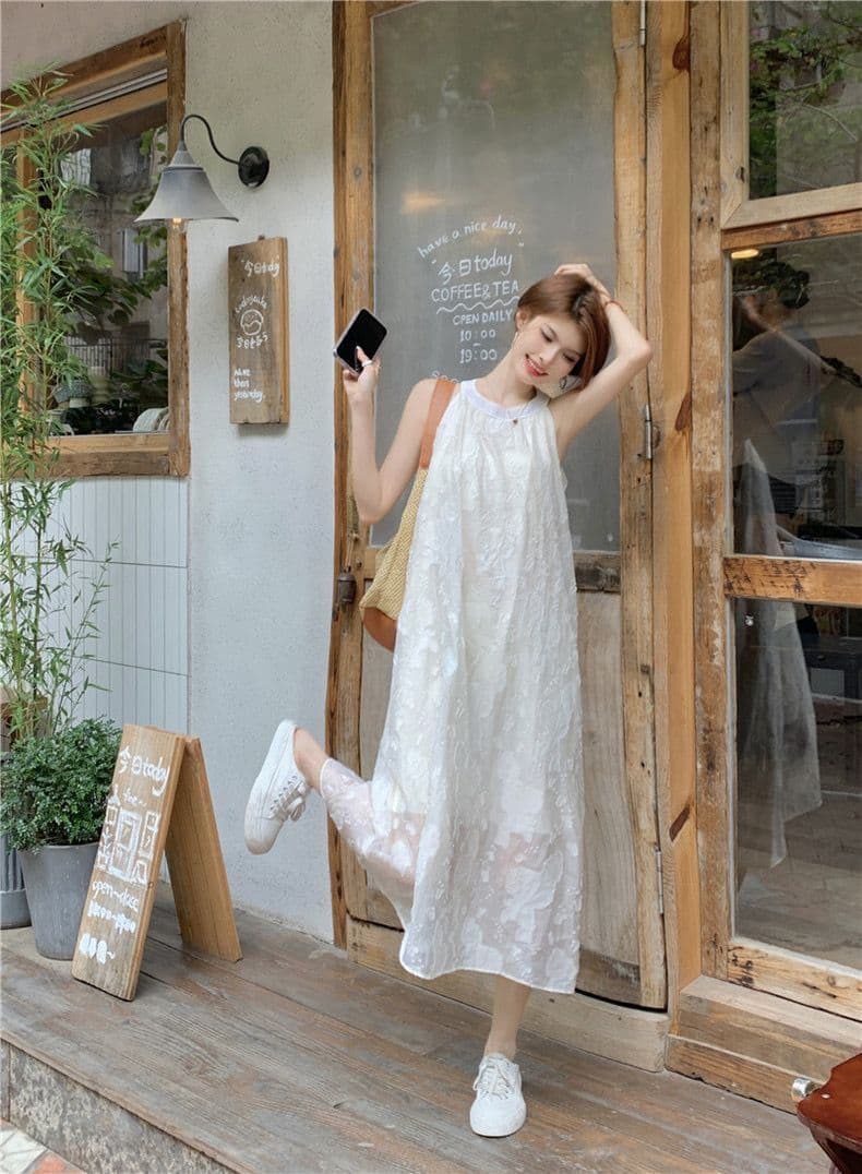 쉬폰 달콤함 드레스 요정 여름 휴가 해변가 치마 고급 가스 질감 이슬 오프숄더 민소매 길다 치마 상세 이미지 9