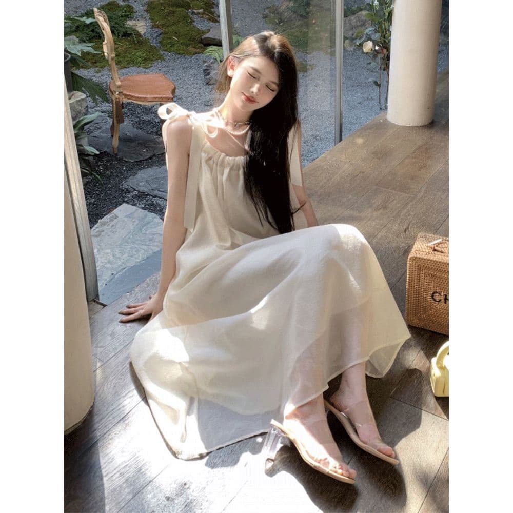 프랑스식 순수한 욕망 바람 스트랩 고급 화이트 슬립 여성 드레스 여름 센 부서 해변가 해변 휴가 바람 치마 이미지 2