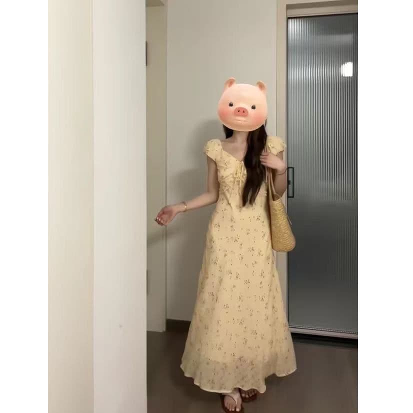 빅 사이즈 지방 mm 프랑스식 부드러운 바람 나비 스트랩 꽃무늬 드레스 여름 새로운 작은 샤넬 스타일 품격 롱 스커트 여성