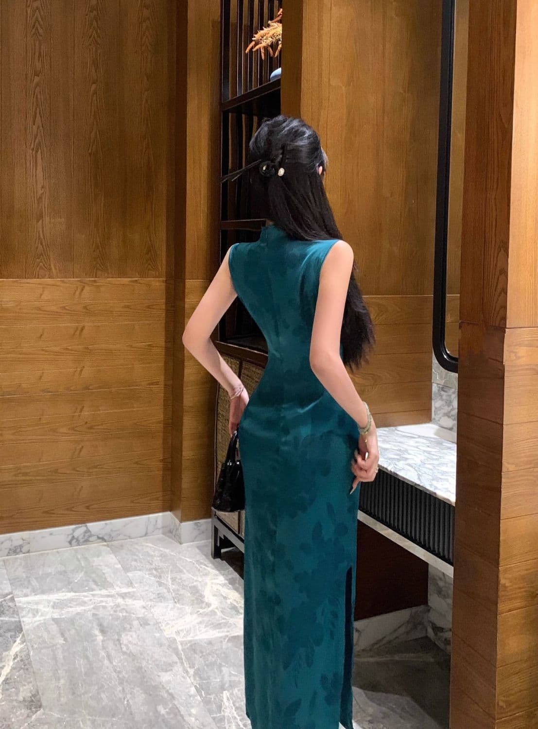 국풍 스탠드 칼라 단추 롱 코트 드레스 여름 공작 푸른 녹색 디스플레이 화이트 새로운 중식 항구 일 프린트 롱 코트 치파오 상세 이미지 14