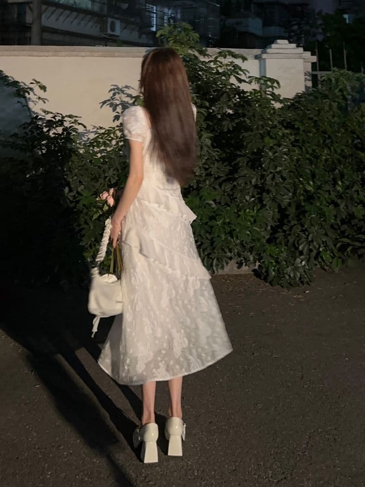 요정 바람 슬립 워킹 앨리스 화이트 프랑스식 차 휴식 드레스 달콤한 매운맛 프릴 불규칙 슬림해 보이는 짧은 치마 상세 이미지 9