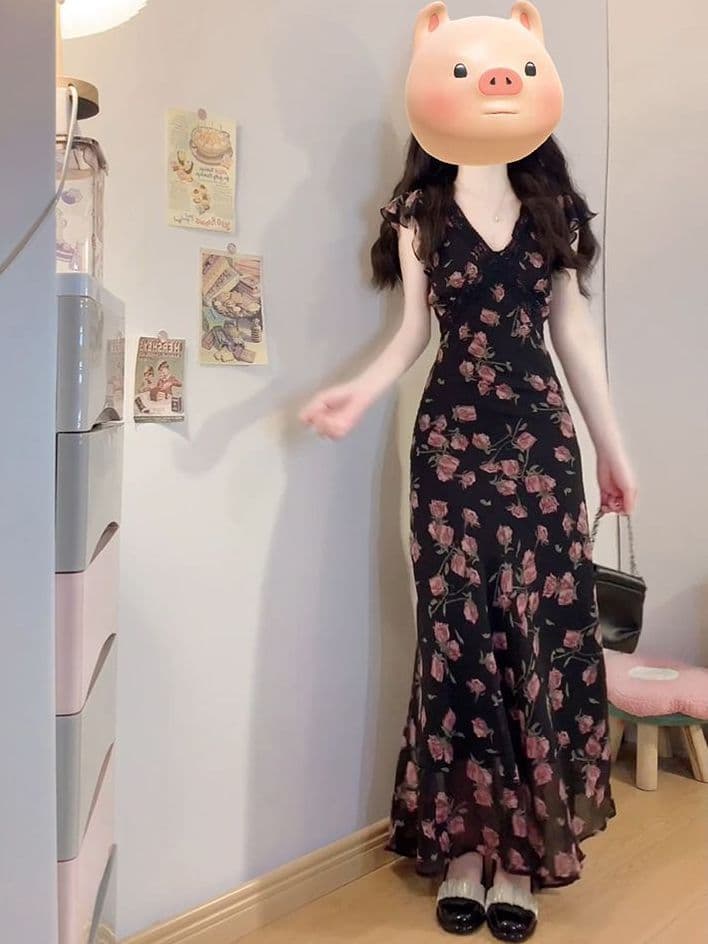 한 부서 부드러운 바람 디자인 장미 꽃무늬 여성 드레스 여름 V넥 레이스 날다 소매 허리 수축 슬림해 보이는 롱 스커트 여성