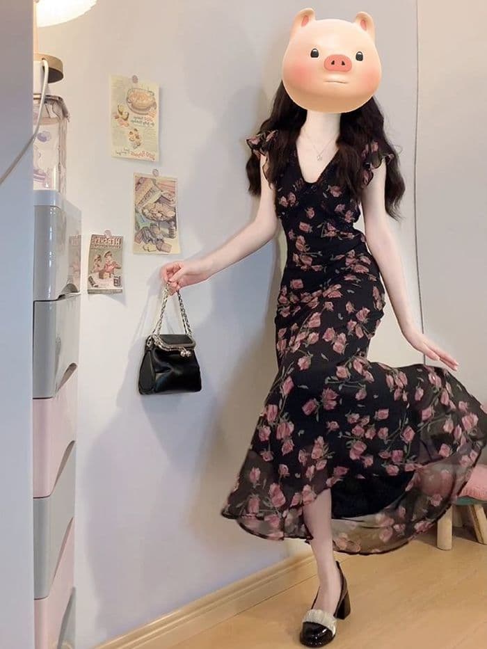 한 부서 부드러운 바람 디자인 장미 꽃무늬 여성 드레스 여름 V넥 레이스 날다 소매 허리 수축 슬림해 보이는 롱 스커트 여성 이미지 2