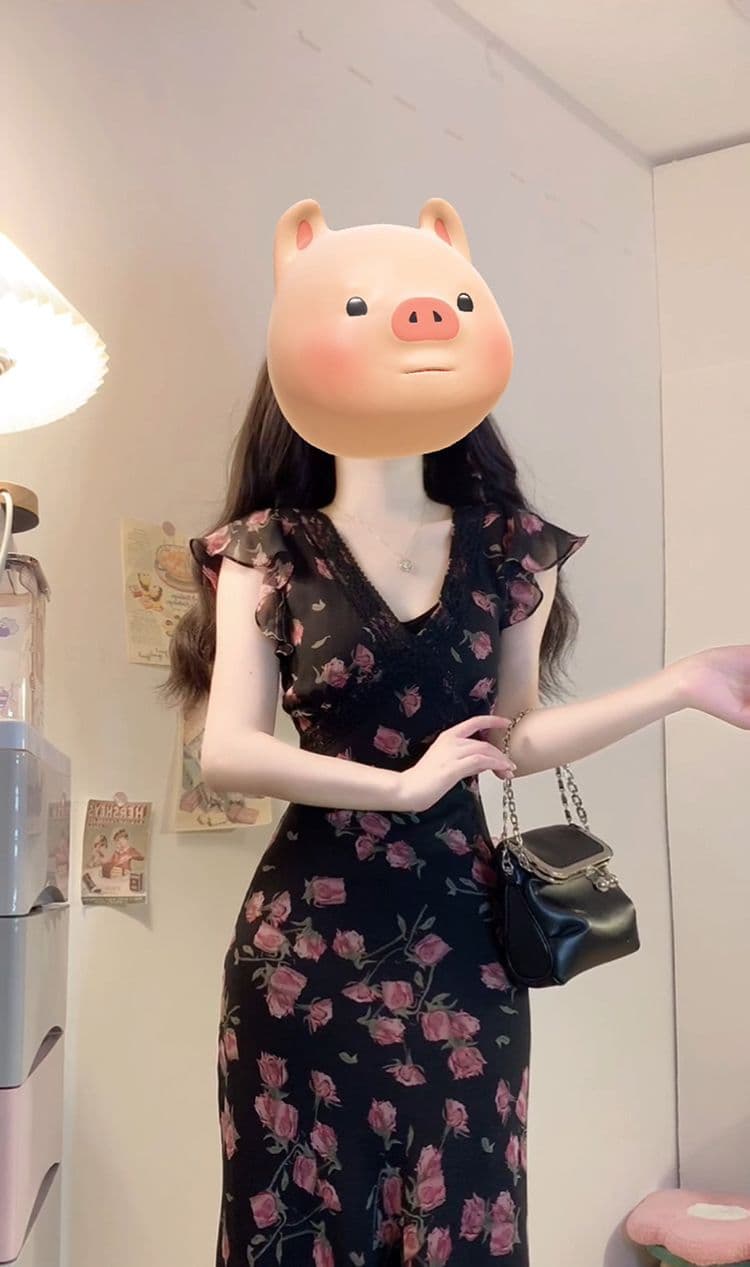 한 부서 부드러운 바람 디자인 장미 꽃무늬 여성 드레스 여름 V넥 레이스 날다 소매 허리 수축 슬림해 보이는 롱 스커트 여성 상세 이미지 5