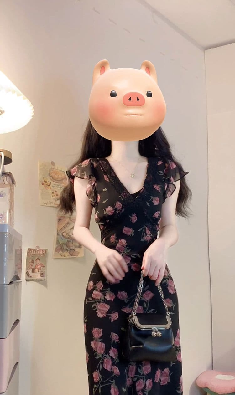 한 부서 부드러운 바람 디자인 장미 꽃무늬 여성 드레스 여름 V넥 레이스 날다 소매 허리 수축 슬림해 보이는 롱 스커트 여성 상세 이미지 6