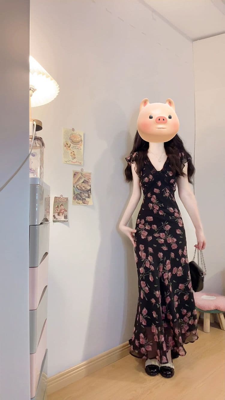 한 부서 부드러운 바람 디자인 장미 꽃무늬 여성 드레스 여름 V넥 레이스 날다 소매 허리 수축 슬림해 보이는 롱 스커트 여성 상세 이미지 10