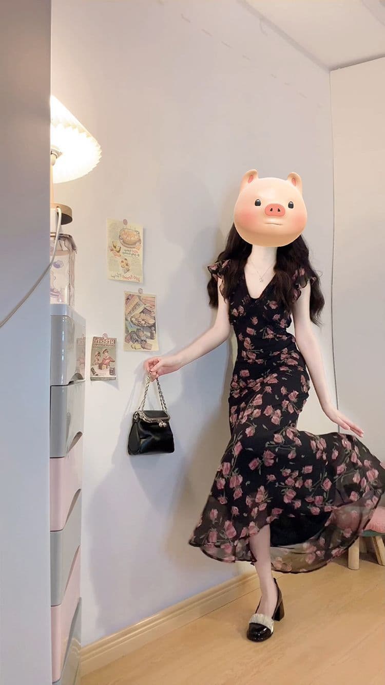 한 부서 부드러운 바람 디자인 장미 꽃무늬 여성 드레스 여름 V넥 레이스 날다 소매 허리 수축 슬림해 보이는 롱 스커트 여성 상세 이미지 13