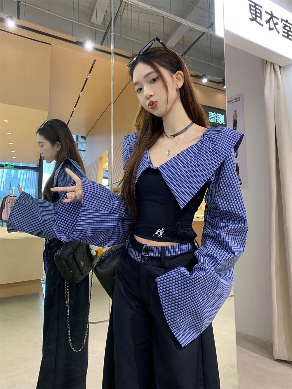 핫걸 오프숄더 캐주얼 바지 투피스 세트 봄 새로운 패치워크 다용도 셔츠 캐주얼 스트레이트 팬츠 한국 스타일 슬림해 보이는 상세 이미지 3
