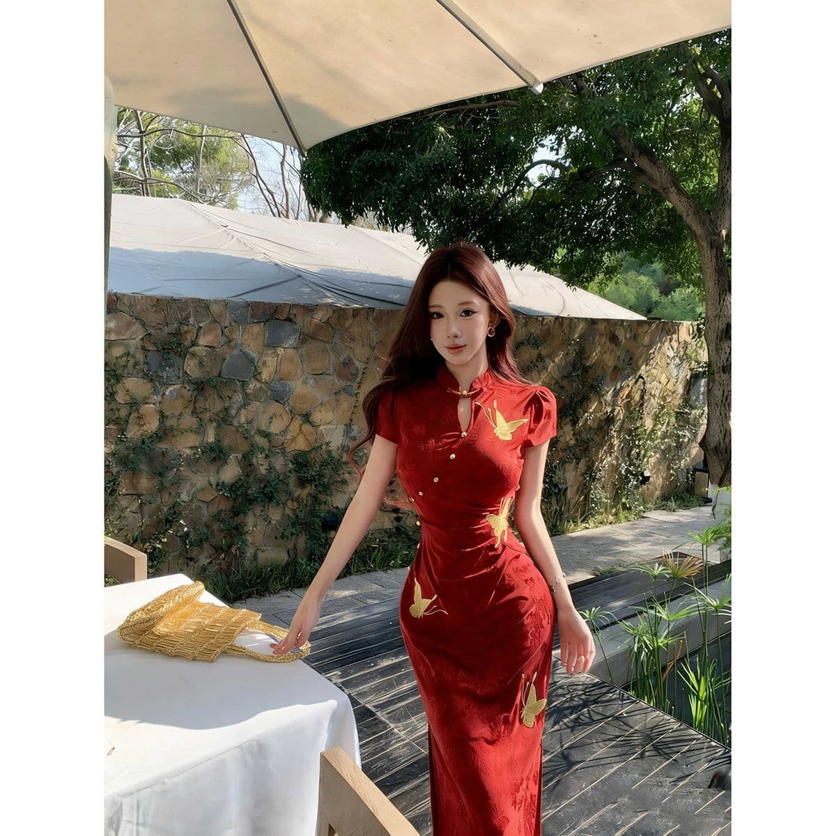 빨간색 새로운 중식 개선 치파오 여성 봄 여름 참여 결혼 반팔 자카드 나비 허리 수축 드레스 토스트 서비스