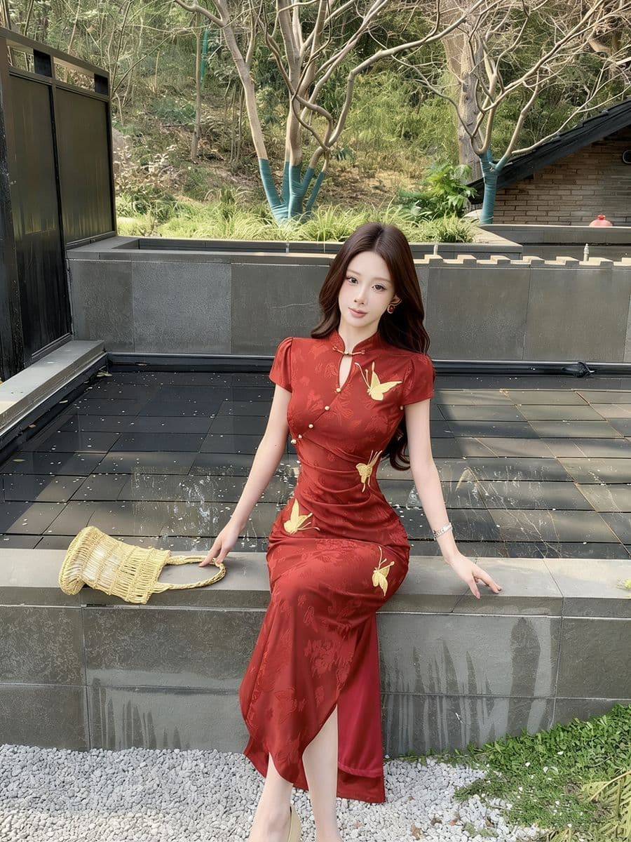 빨간색 새로운 중식 개선 치파오 여성 봄 여름 참여 결혼 반팔 자카드 나비 허리 수축 드레스 토스트 서비스 상세 이미지 6